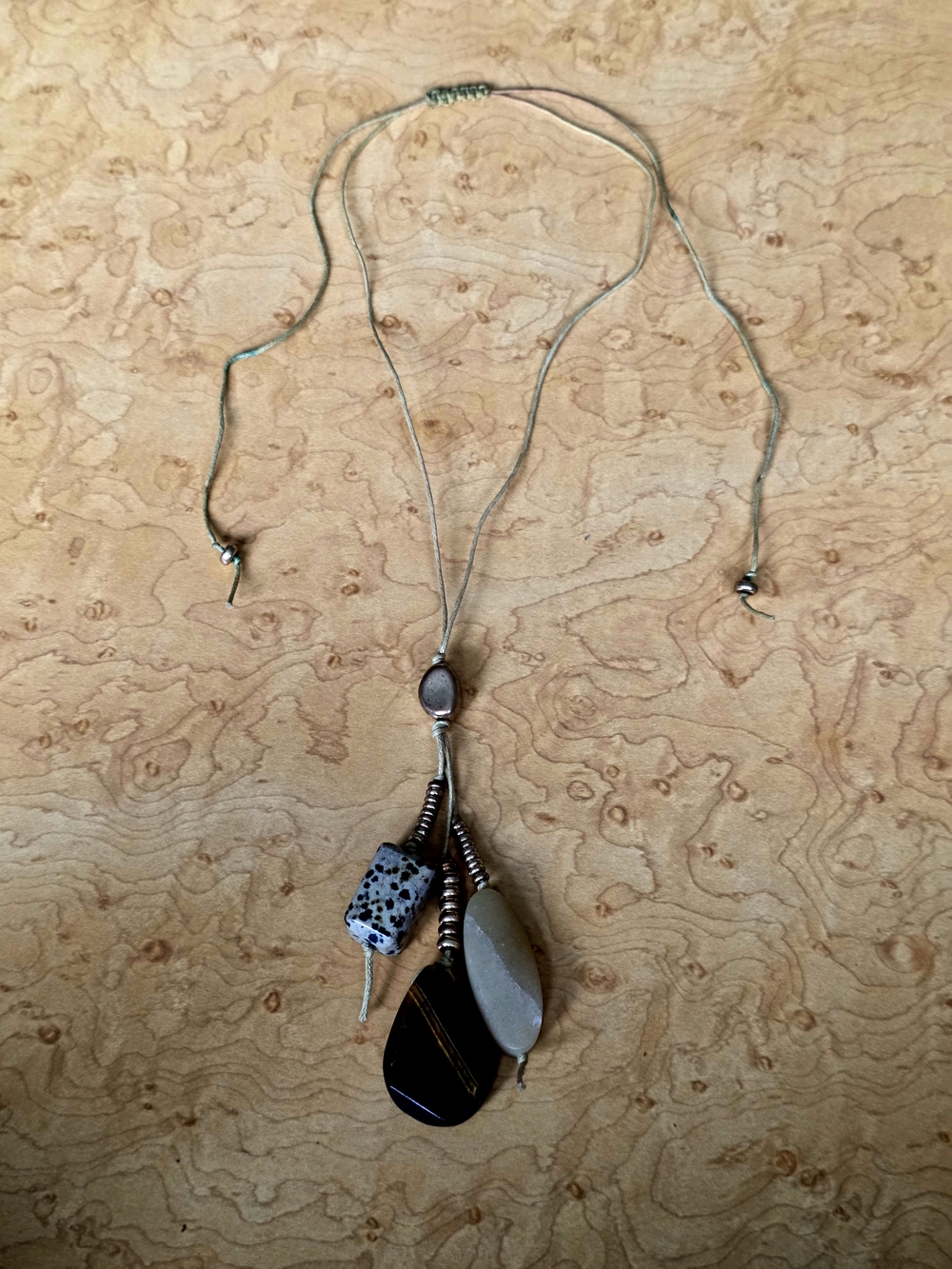 Boho Stone Tassel Necklace - Dalmatian Jasper, Tiger's Eye & Agate - Adjustable